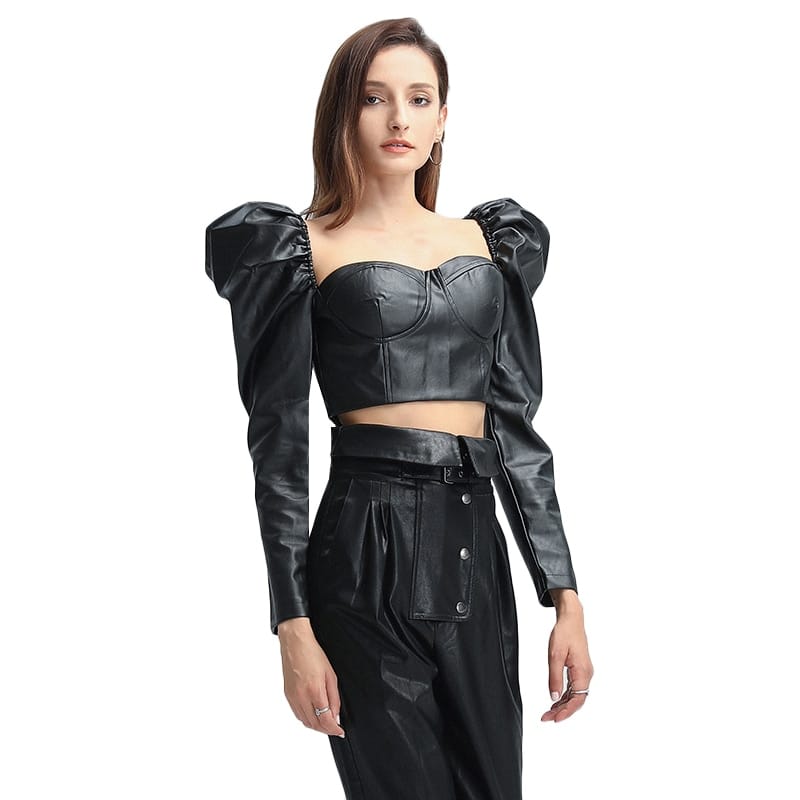 Women Black Leather Corset Style top with Long Puff Sleeve Blouse