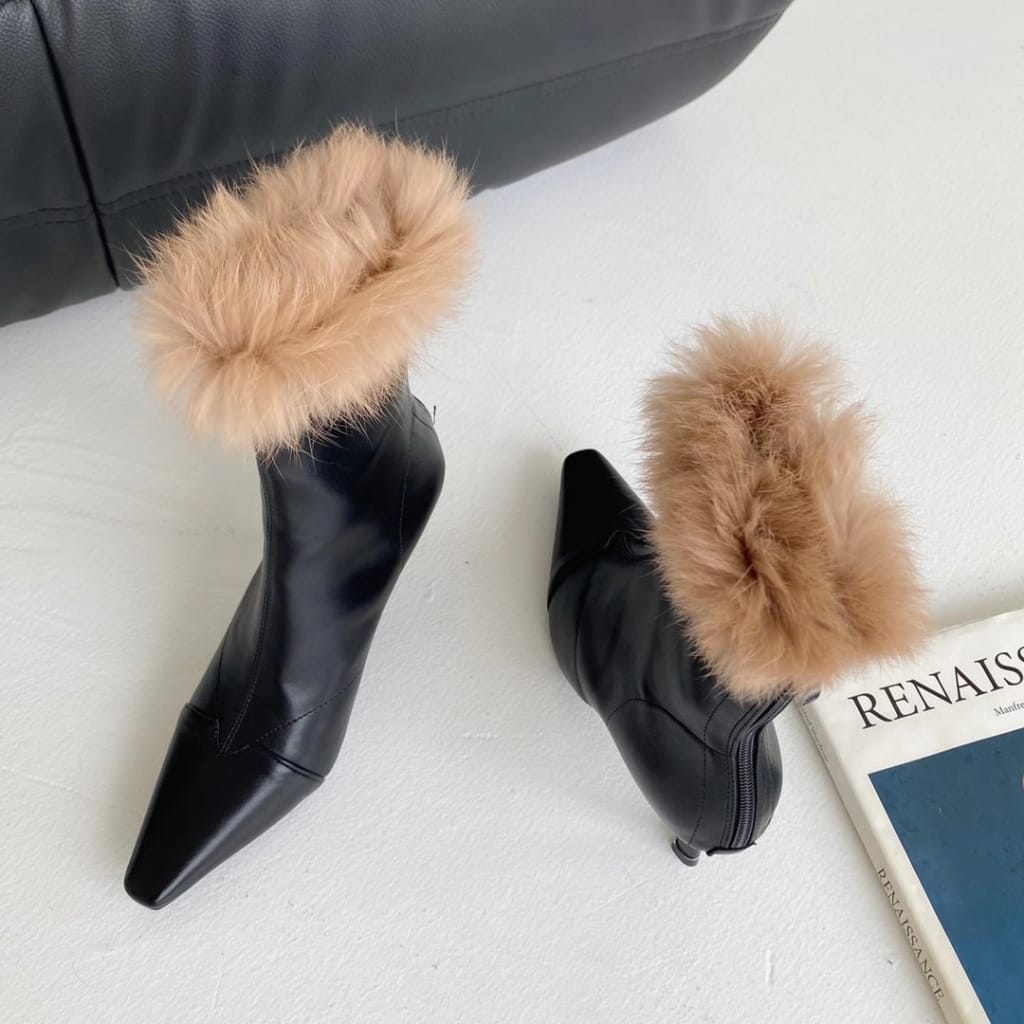 Women Black Pointed Toe Ankle Boots with thin High Heels back Zipper and Brown Fur detail Booties