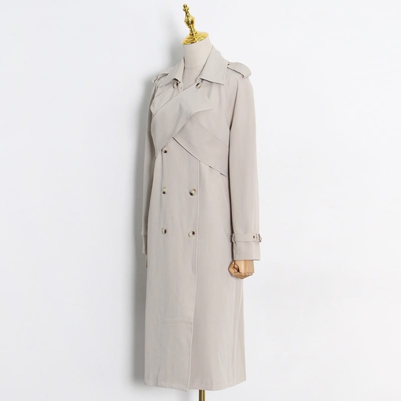 Woman Khaki Casual Maxi Trench Turndown Collar Long Sleeve Asymmetrical Autumn Coat