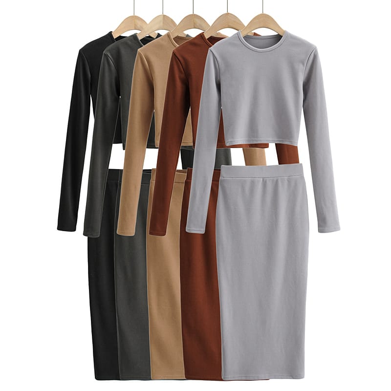 Women Dark Grey Casual Co-ord Fit O Neck Long Sleeve Crop top and Midi Skirt Set