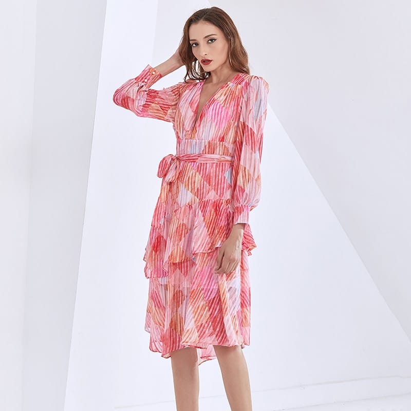 Pink Midi V Neck Dress with Lantern Long Sleeve Tie Waist and Ruffle detail