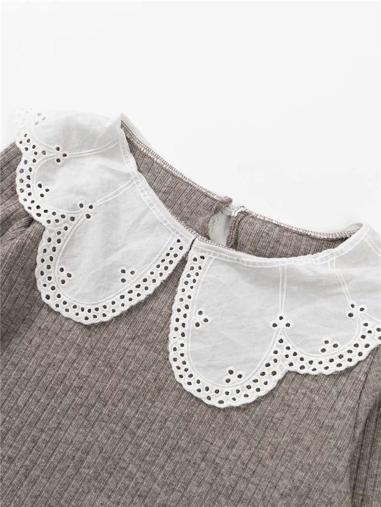 Black Ribbed Long Sleeve Women top Blouse with White Lace Peter Pan Collar