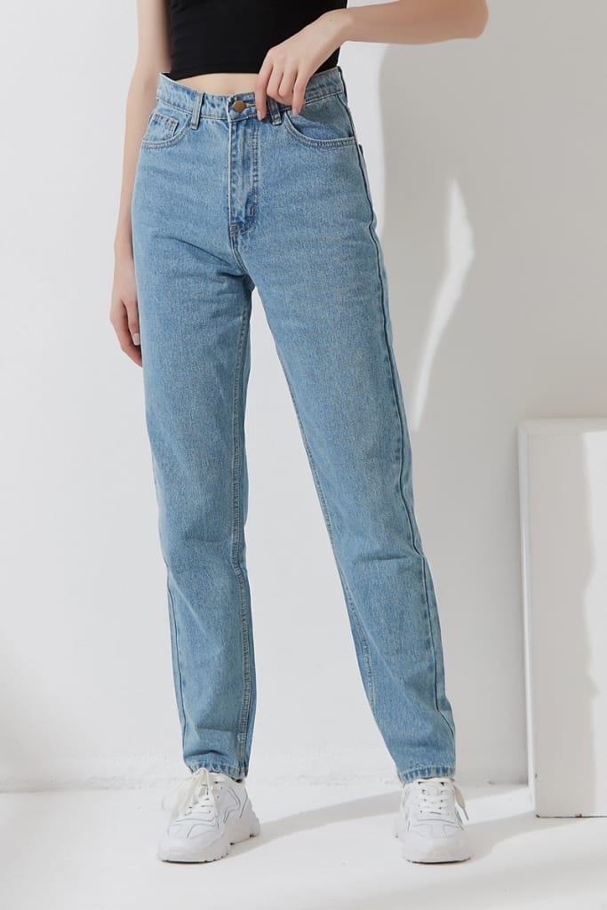 Women Light Blue High Waist Mom Jeans Pants Long Denim Trousers