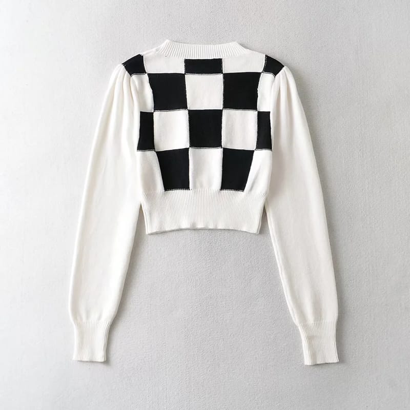 Women Cropped White Checkered Long Puff Sleeve Plaid Knit top Jumper