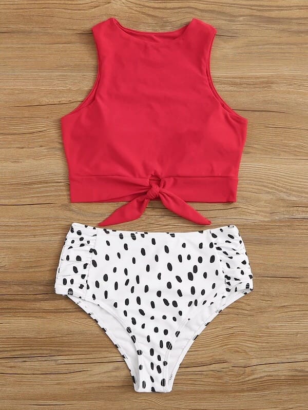 Knot front top with Dot High Waist Bikini Set new Prints 2022