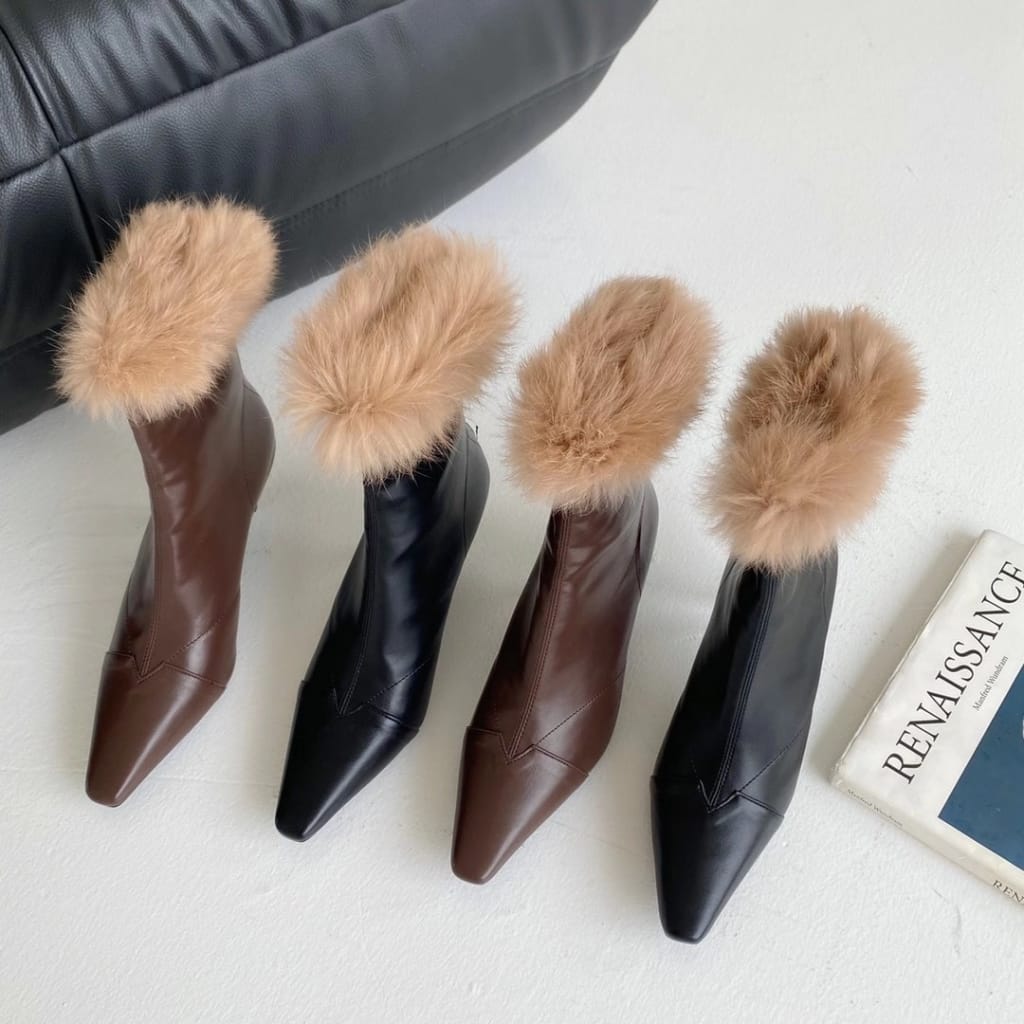 Women Black Pointed Toe Ankle Boots with thin High Heels back Zipper and Brown Fur detail Booties