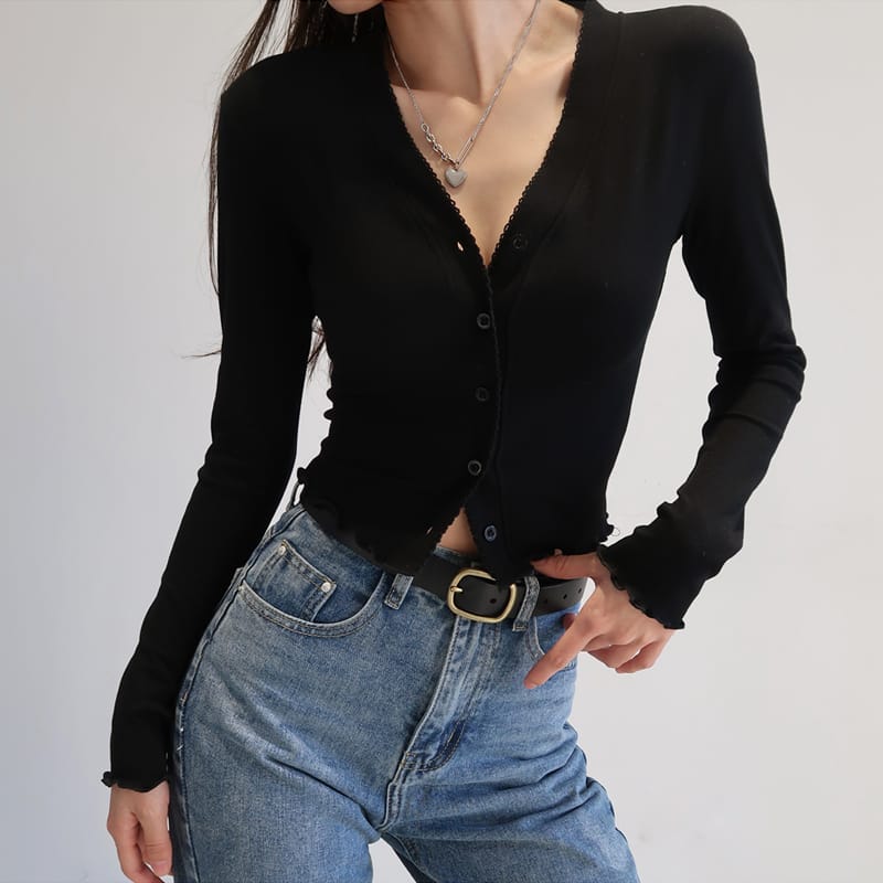 Women White V Neck Buttoned Long Sleeves T-shirt Slim Fit top with Trimming detail Blouse