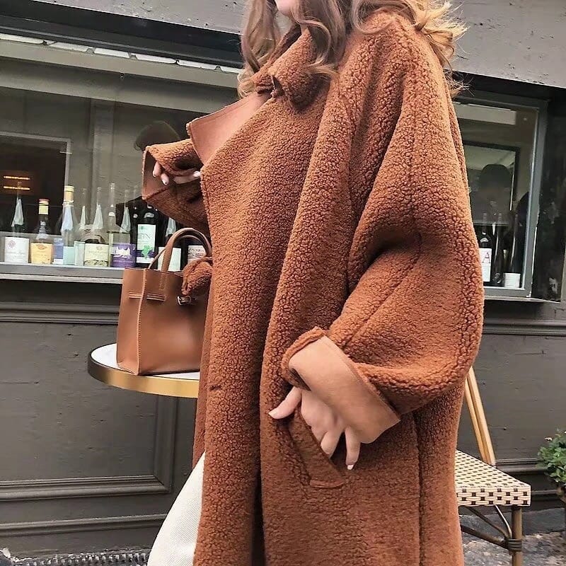 Women Green Maxi Tie Waist Faux Lamb Fur Long Sleeve Oversized Warm Outerwear Trench Coat