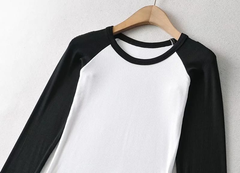 Women White with Black Long Sleeve Colorblock Raglan Rib Fitted T-shirt