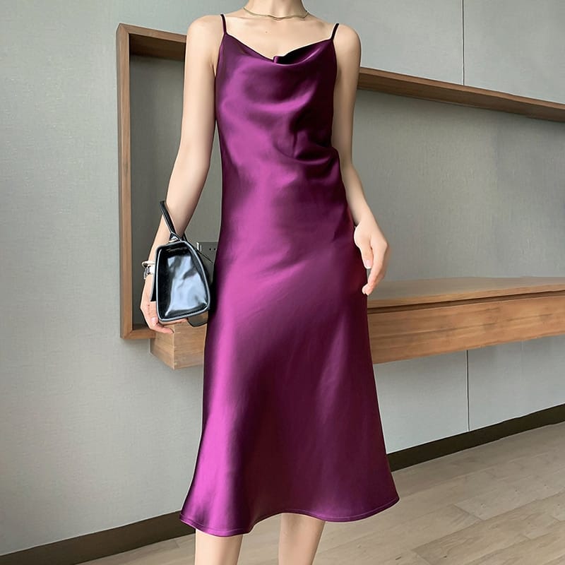 Sun-imperial Women Champagne Sleeveless Cami Strap V Neck Soft Satin Slip Long Dress