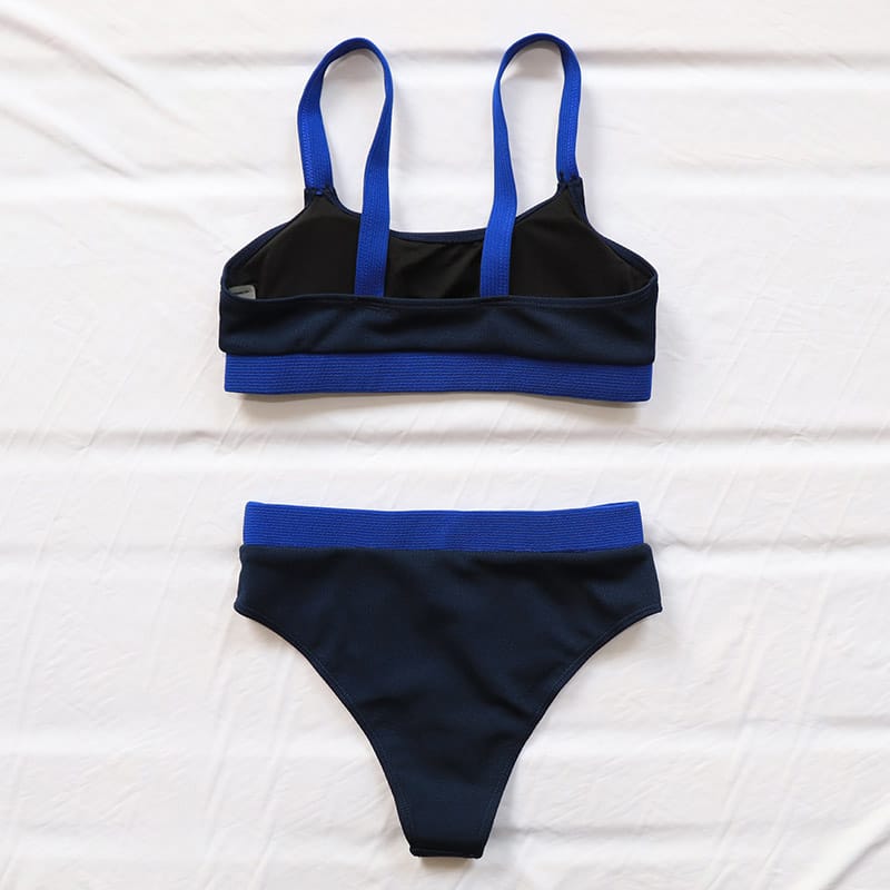 Women Ribbed Two Tone Blue Sport Bra and High Waist bottom Bikini Set Sporty Swimsuit