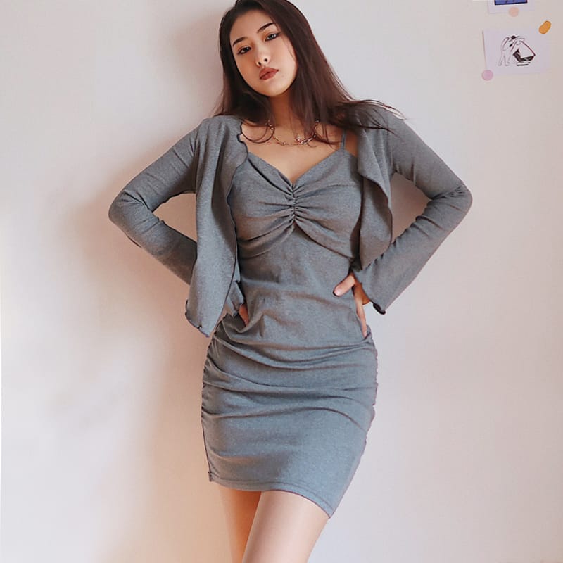 Women Grey Ruched Bust Cami Mini Bodycon Dress and Flare Long Sleeve Frill Trimmed top Two Pieces