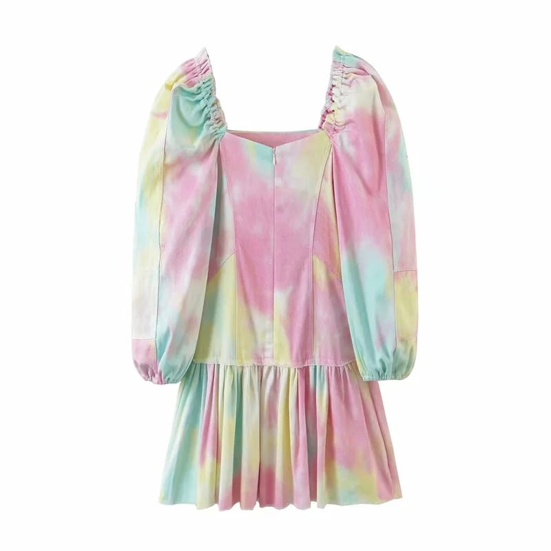 Women off Shoulder Long Sleeve Rainbow Mini Dress with Ruffle Decor