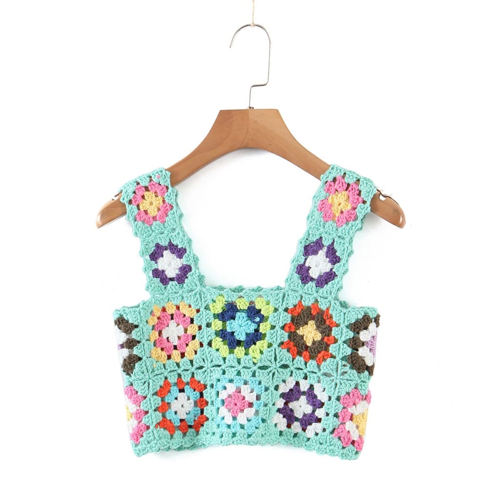 Sun-imperial - woman knitted cut out crochet plaid flower cropped tank ...