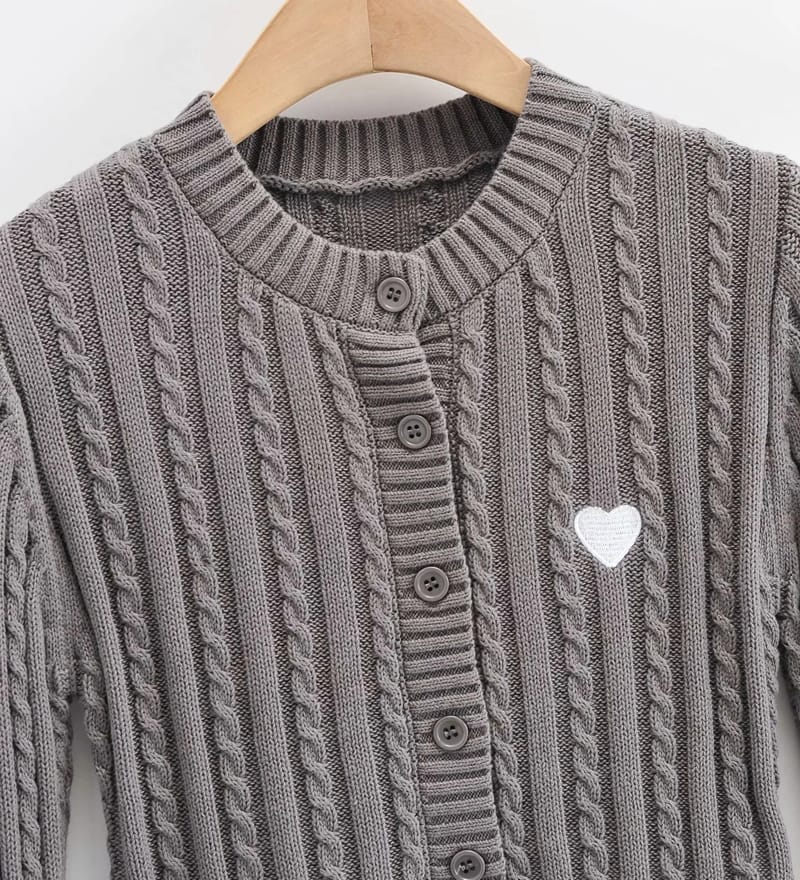 Women Dark Grey Cable Knitted Cardigan with White Heart Patch Cotton Knit Cropped