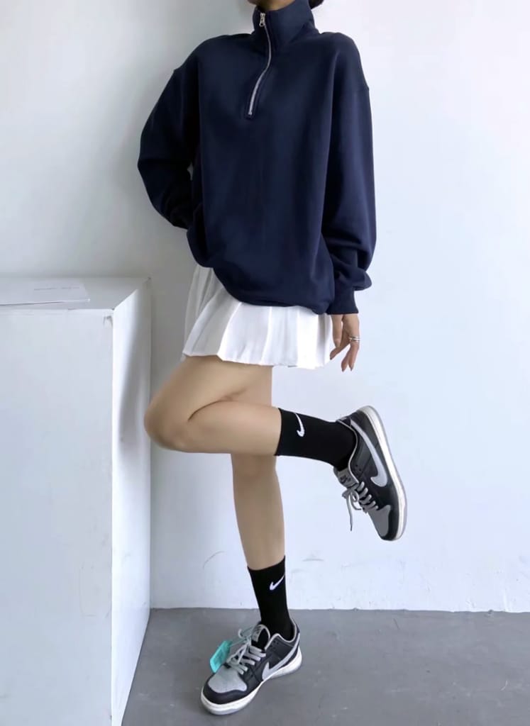 Women High Neck Half Zip Oversized Sweatshirt Drop Shoulder