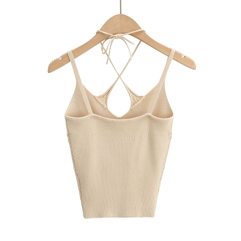 Women Beige Knitted Crop top Criss Cross Halter Cami