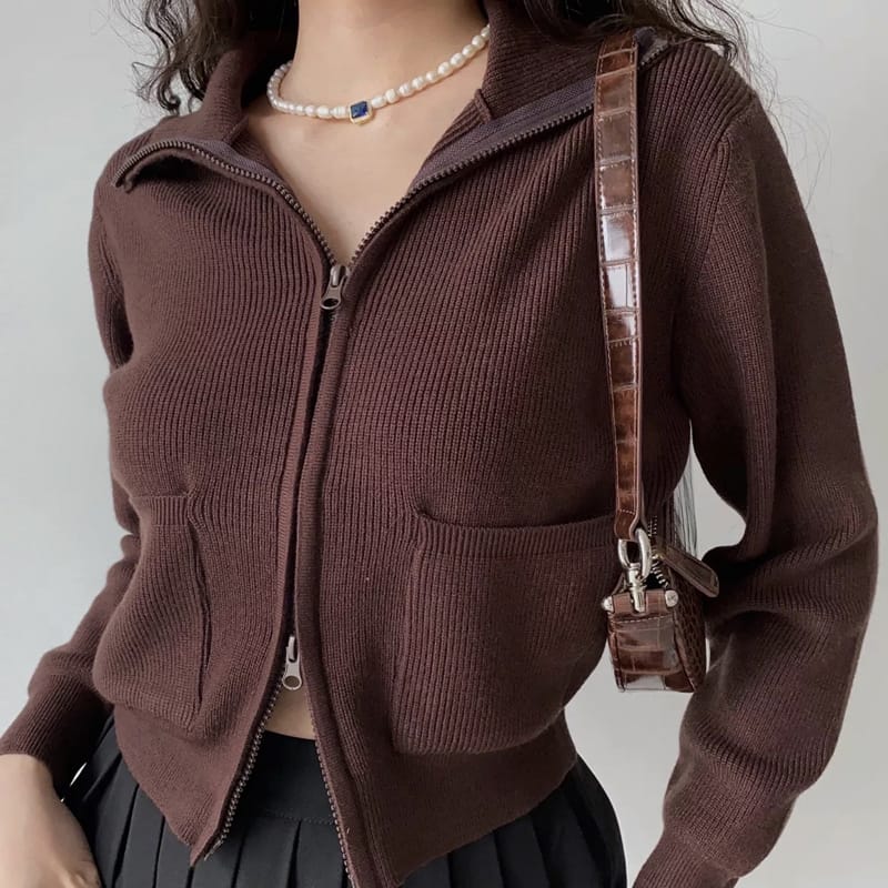 Women Brown Dual Zipper Knit Cardigan with Pockets detail