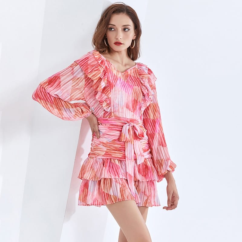 Pink Midi V Neck Dress with Lantern Long Sleeve Tie Waist and Ruffle detail