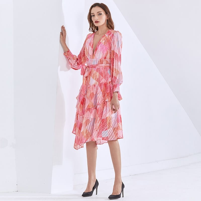 Pink Midi V Neck Dress with Lantern Long Sleeve Tie Waist and Ruffle detail