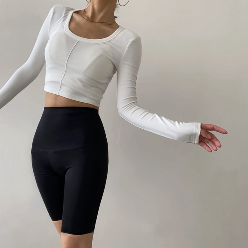 Women White Long Sleeve Crop top Fitted T-shirt with Stitch detail