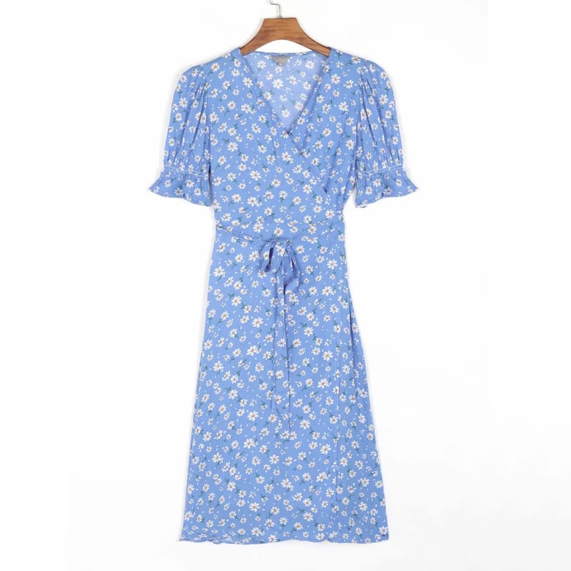 Women Blue with White Daisy Print Wrap Ties Waist Midi Dress Short Puff Ruffled Sleeve