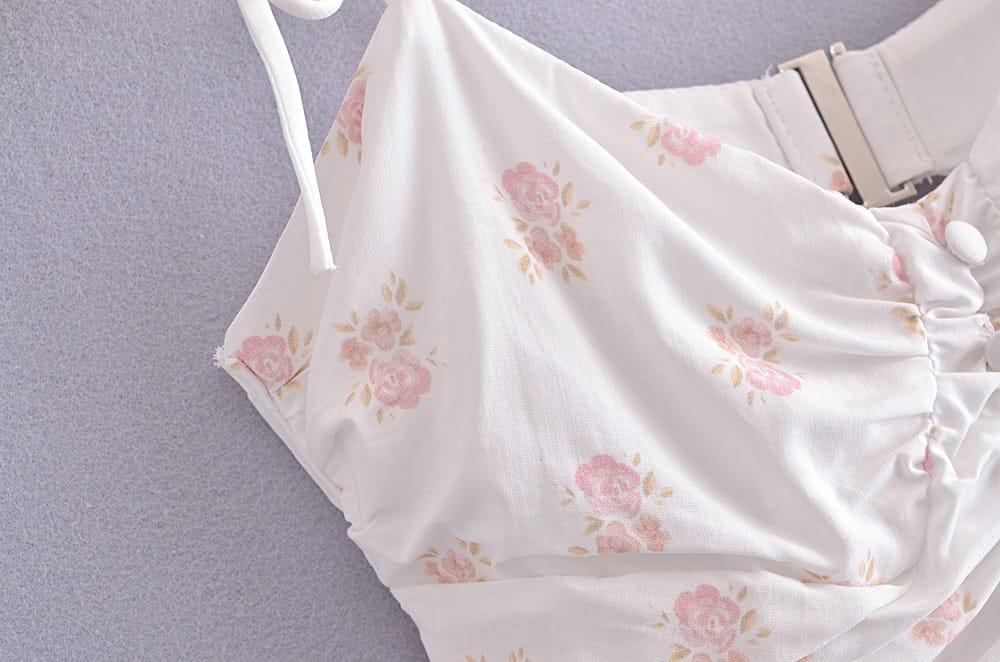 Women Backless White with Pink Floral Print A-line Ruched Bustier Mini Dress Tie Strap and