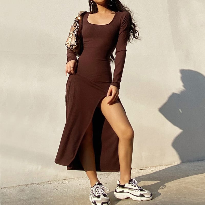 Women Khaki Casual Square Scoop Neck Long Sleeved Midi Dress with High Cut side Split