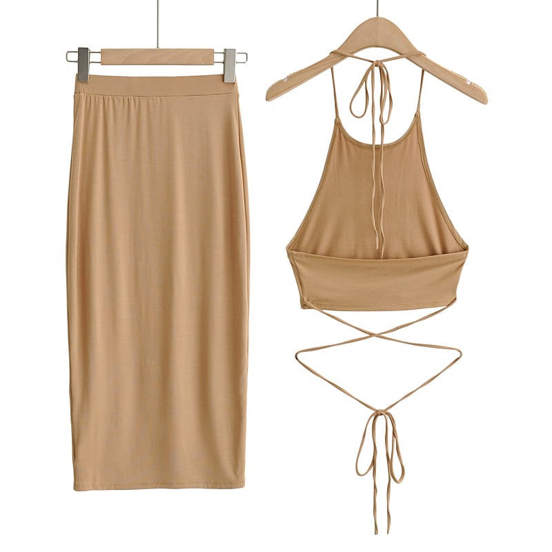 Women Brown Sporty Casual Co-ord Tie Halter Crop top with Wrap around Waist Midi Pencil Skirt