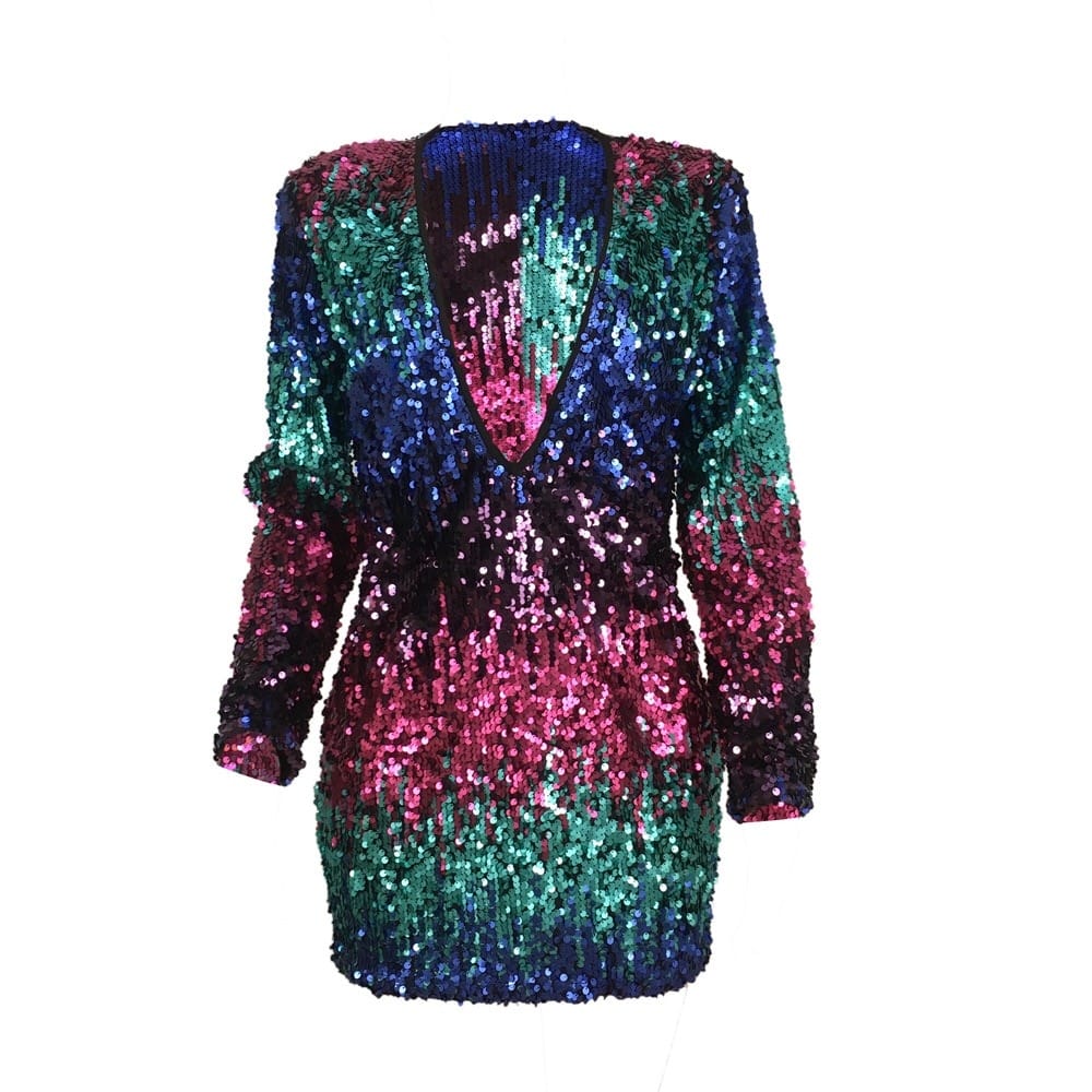 Women Party Dress Color Block Sequin Mini Long Sleeve Deep V-neck