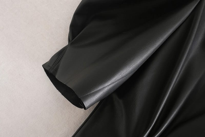 Women Black A-line High Neckline Puff Short Sleeve Pu Leather Mini Dress