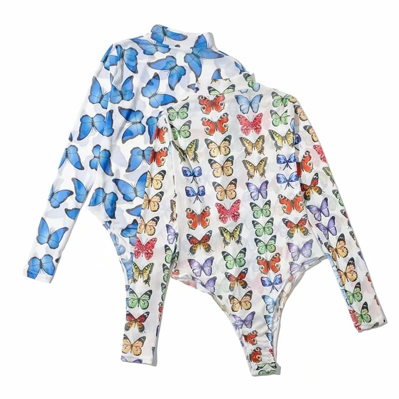 Women White High Neck Blue Butterfly Print Mesh Long Sleeve Bodysuit