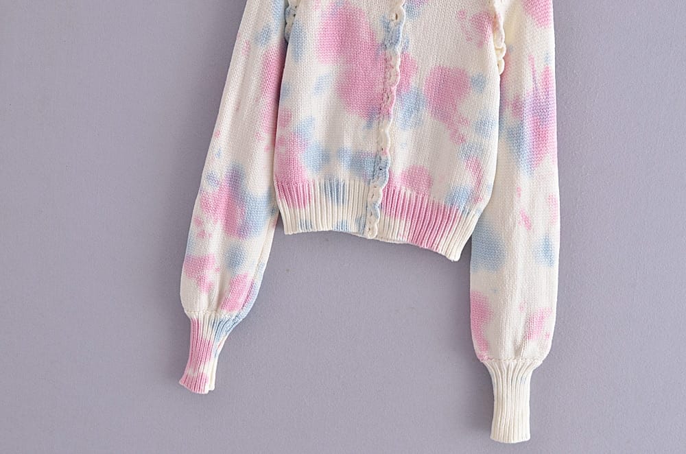 Women Stand Collar Tie Dye Colored Knitted Long Sleeve Cardigan with Zipper detail