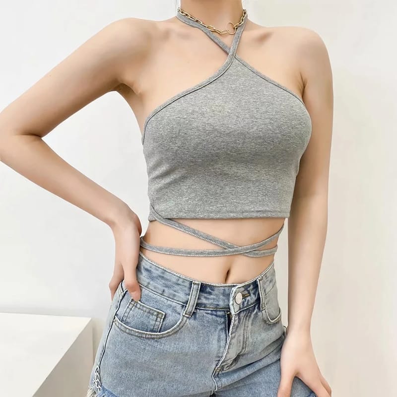 Women Black Halter Tie Cropped Camisole Wrap around Waist Tank top