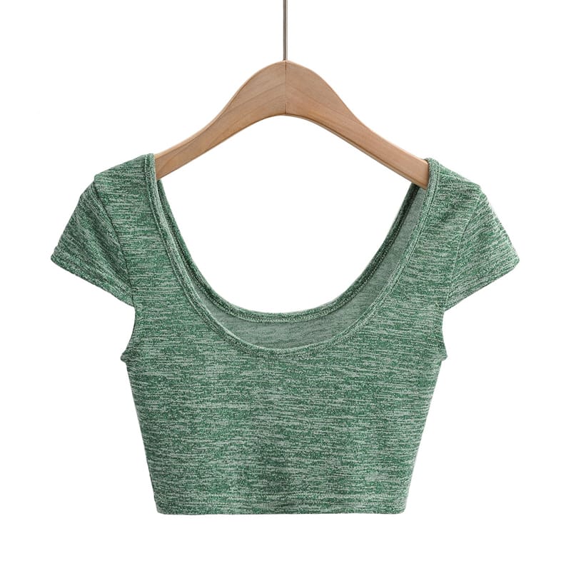 Women Green Scoop Neck Short Sleeve Cropped T-shirt