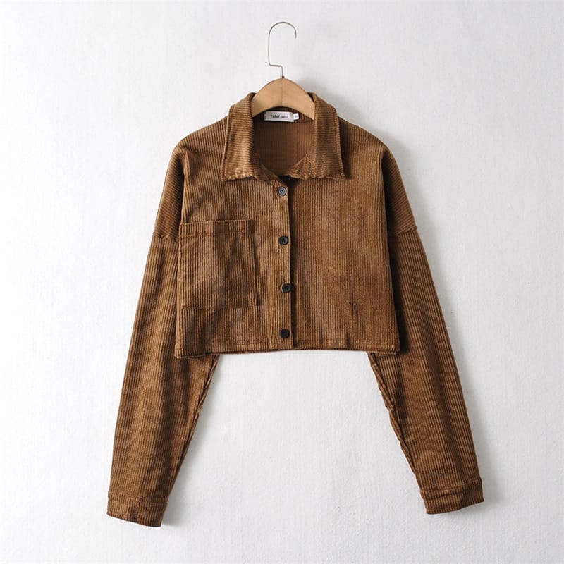 Sunisery Women's Casual Cropped Corduroy Jackets Long Sleeve Button Down  Shirts Solid Irregular Hem Shacket Coat With Pockets 