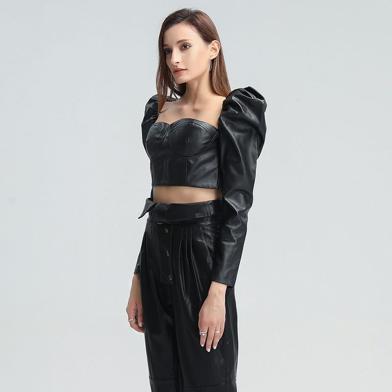 Women Black Leather Corset Style top with Long Puff Sleeve Blouse