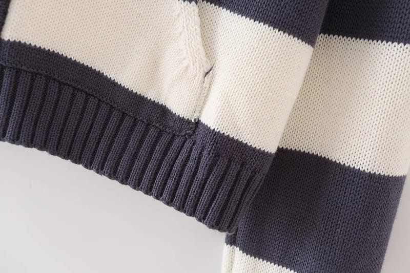 Women Blue and White Striped Knit Hoodie Cardigan with Zip