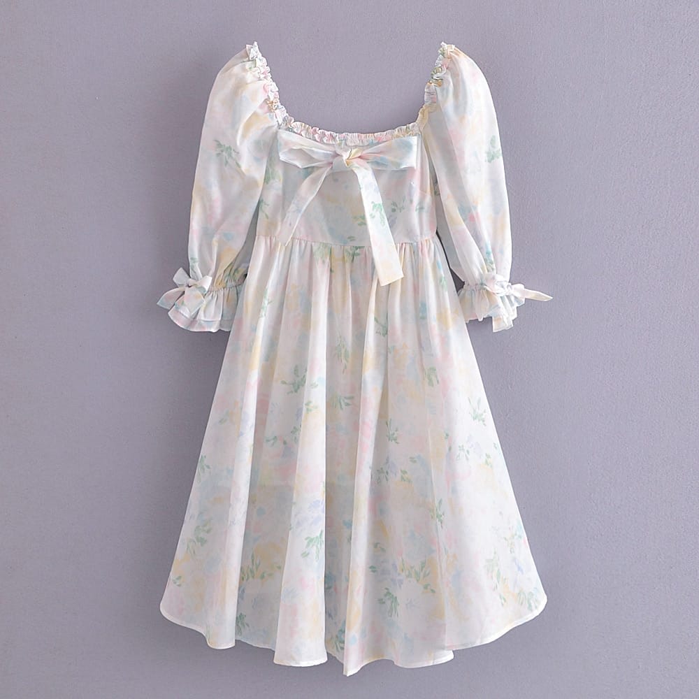 White Floral Print Puff Sleeve Square Neckline A-line Pleated Midi Dress with Bow detail