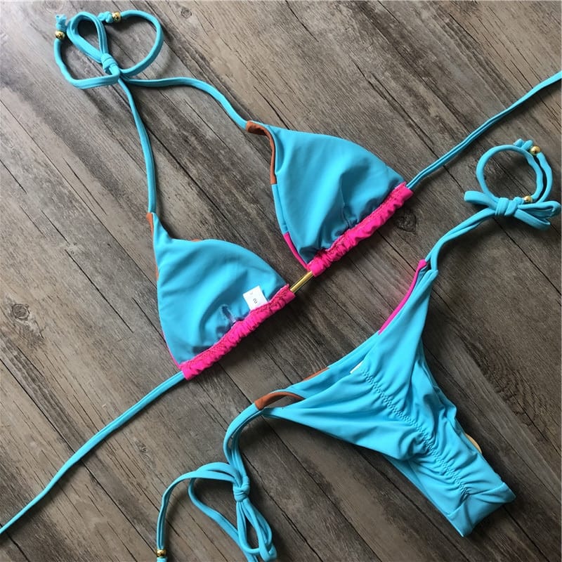 Color Block Hot Pink Blue Brown Bikini Set Women’s Swimming Suit Halter Drawstring Bathing