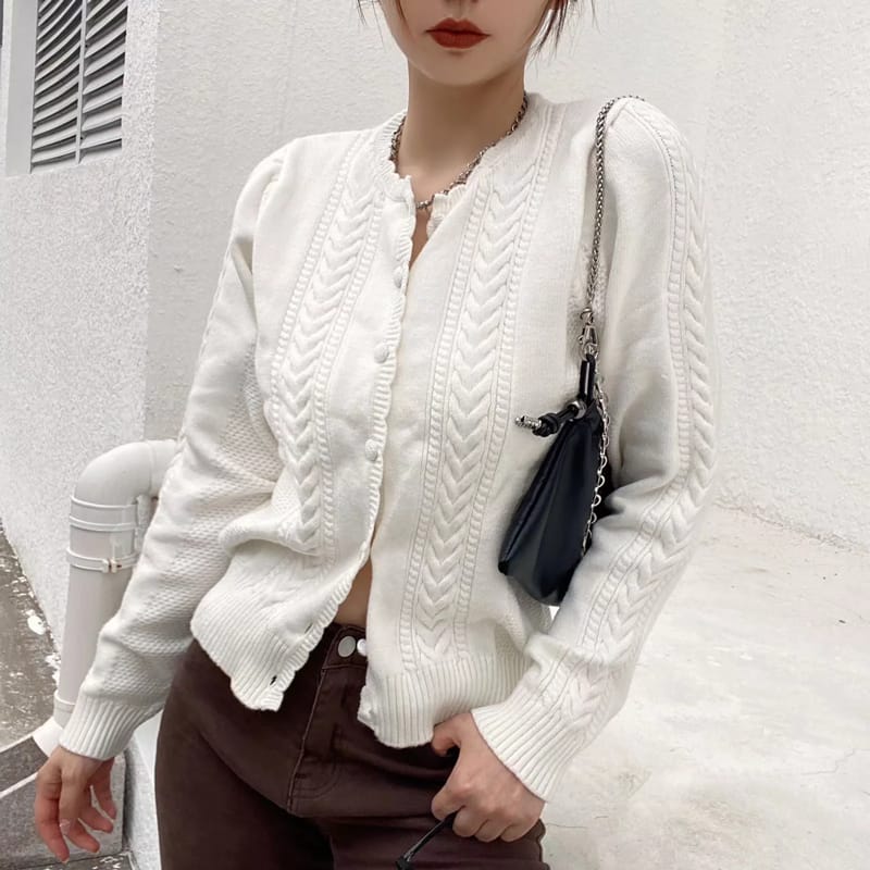 Sun-imperial White Vintage Frill Neck Cable Knit Cardigan