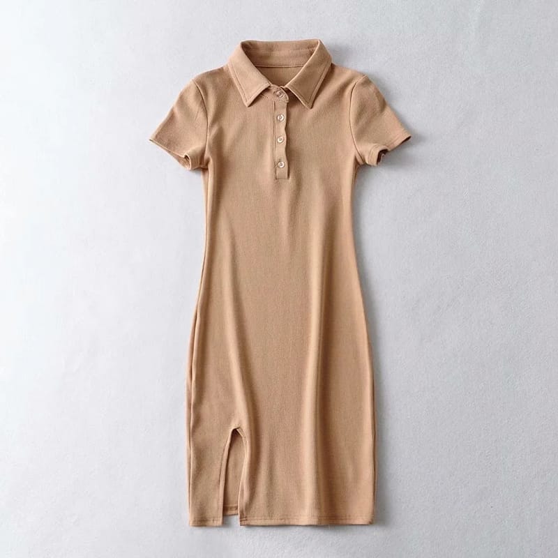 Women Blue Short Sleeve Polo Collar Bodycon Casual Ribbed Mini Dress with front Buttons and Split