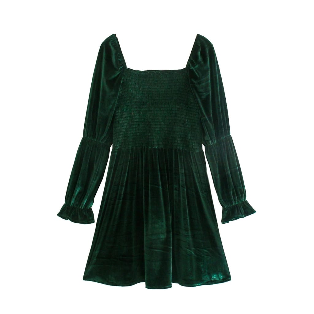 Green Velvet Square Collar Long Sleeve Mini Dress