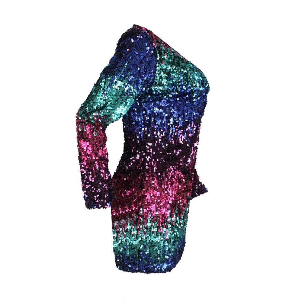 Women Party Dress Color Block Sequin Mini Long Sleeve Deep V-neck