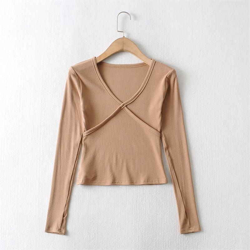 Women White Ribbed Cross Seam Bust Fitted Long Sleeve Cropped T-shirt top with Thumb Hole detail
