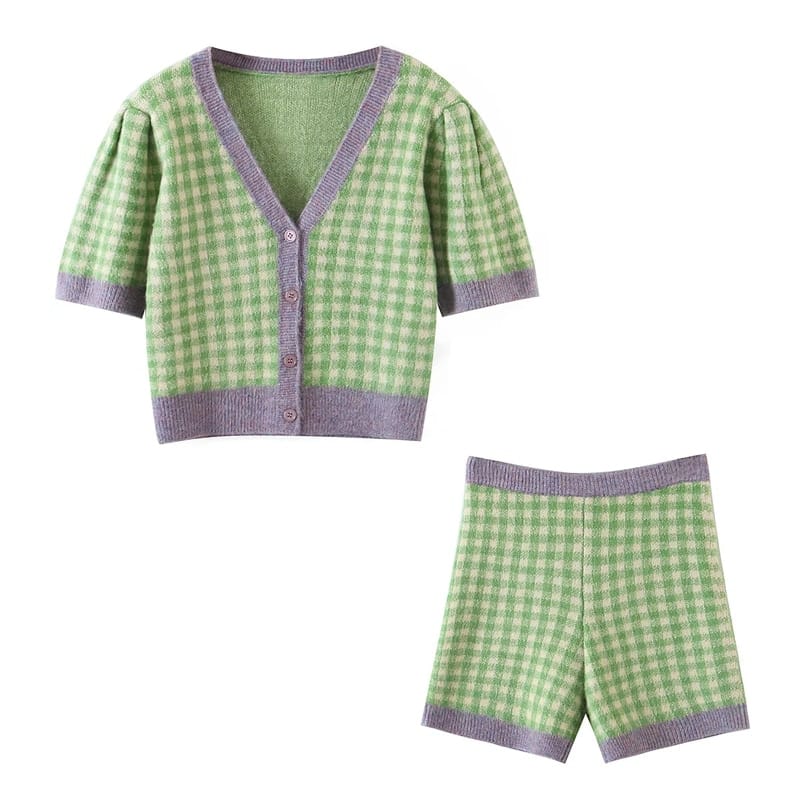 Women Two Piece Purple Green Plaid Cardigan and Shorts Set with Short Puff Sleeve Fluffy Gingham