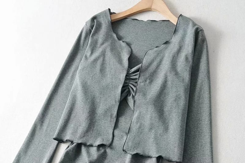 Women Grey Ruched Bust Cami Mini Bodycon Dress and Flare Long Sleeve Frill Trimmed top Two Pieces