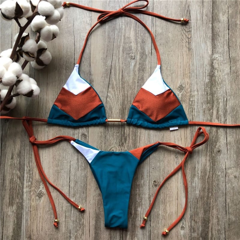 Color Block Hot Pink Blue Brown Bikini Set Women’s Swimming Suit Halter Drawstring Bathing