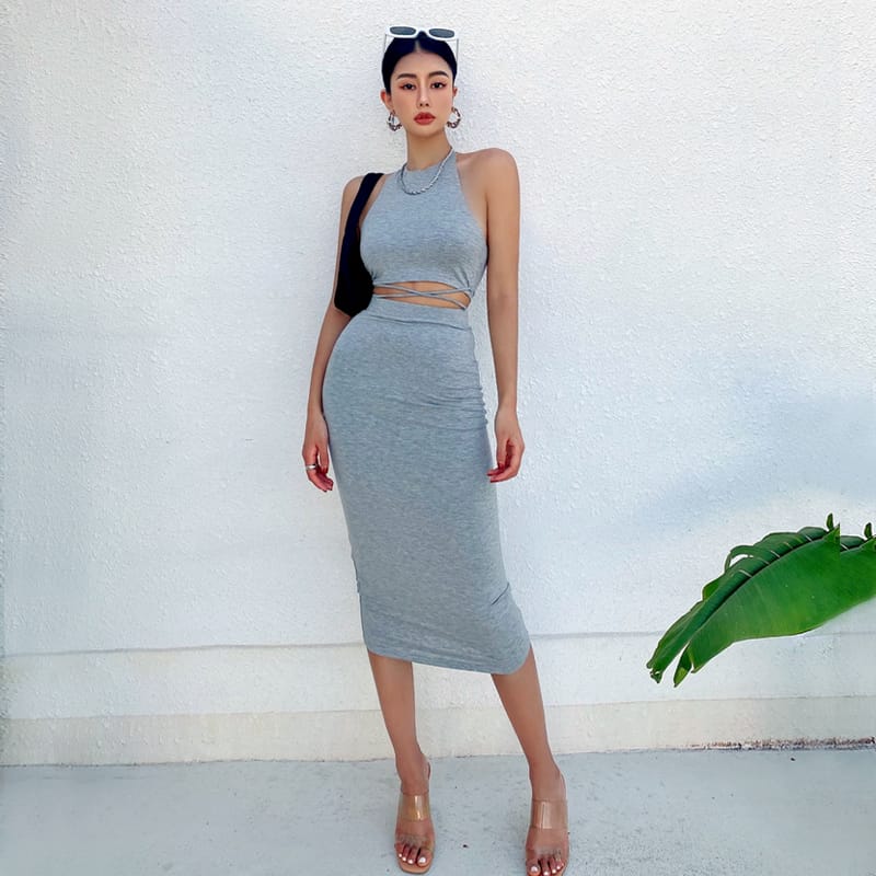 Women Brown Sporty Casual Co-ord Tie Halter Crop top with Wrap around Waist Midi Pencil Skirt