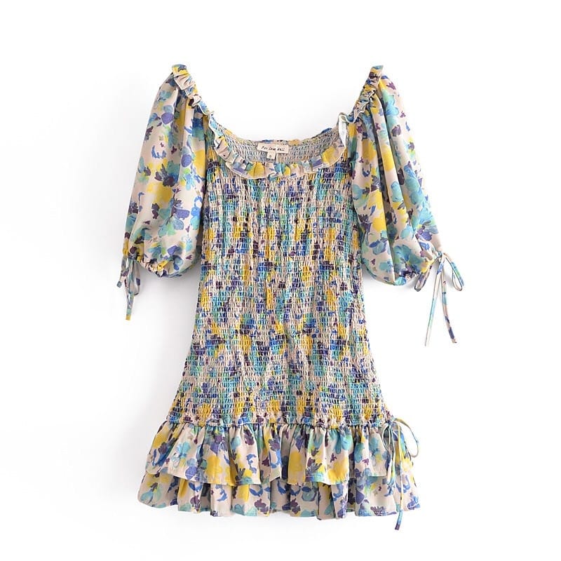 Women Yellow Floral Print Elastic Ruched Mini Dress with Short Puff Sleeve and Ruffles Hem detail